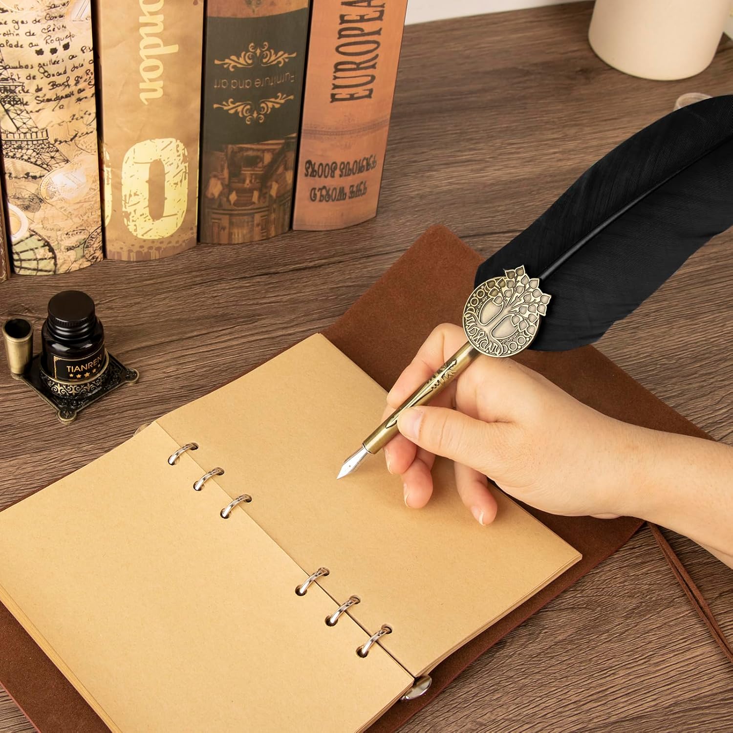 Juego de tinta de pluma, bolígrafo de plumas y tinta, bolígrafo de caligrafía antiguo con 4 puntas reemplazables, 2 botellas de tinta, soporte para
