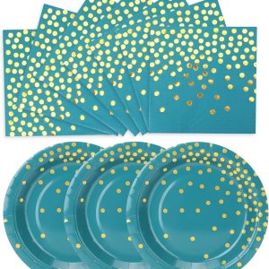 Paquete de 200 platos y servilletas de papel azul y verde dorado, 100 platos de postre de 7 pulgadas y 100 servilletas de 6.5 pulgadas, platos de Paquete de 200 platos y servilletas de papel azul y verde dorado, 100 platos de postre de 7 pulgadas y 100 servilletas de 6.5 pulgadas, platos de
