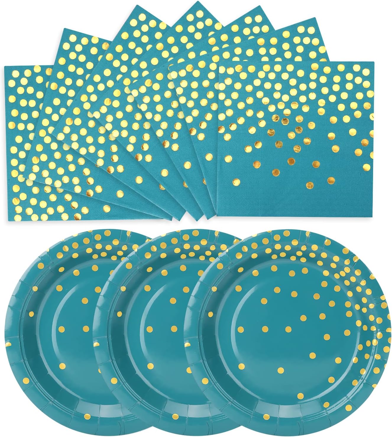 Paquete de 200 platos y servilletas de papel azul y verde dorado, 100 platos de postre de 7 pulgadas y 100 servilletas de 6.5 pulgadas, platos de