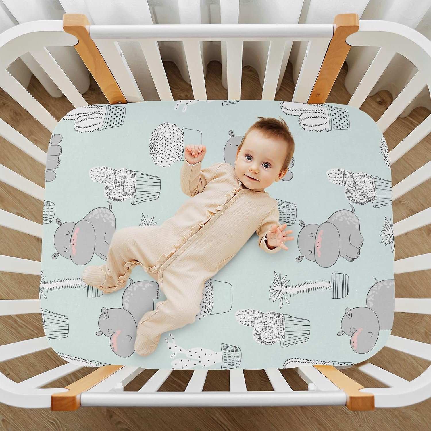 Caikeny Sábana bajera ajustable para cuna para niños y niñas, diseño de cactus, hipopótamos para cuna, sábanas para cuna para niños pequeños, recién