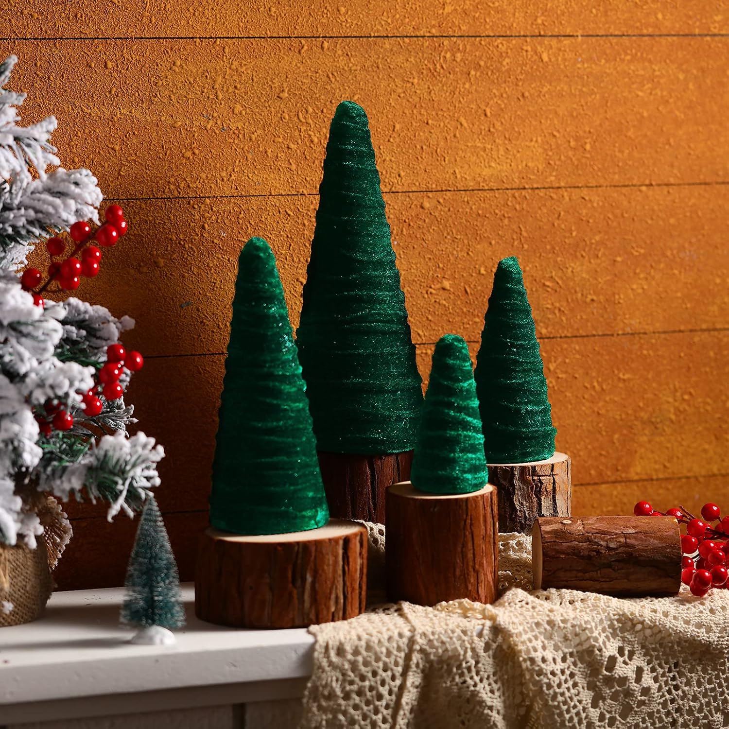 Juego de 5 tamaños de árboles de terciopelo de Navidad, decoración moderna para árbol de invierno, hecha a mano, mesa de invierno, centro de mesa,
