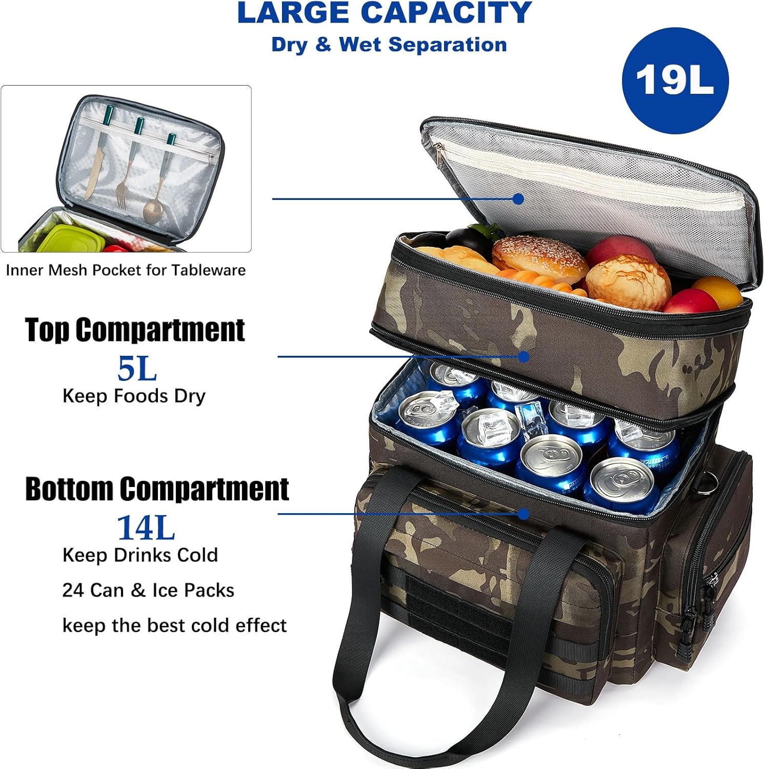 Lonchera táctica expandible para hombres, bolsa de almuerzo grande aislada con correa para el hombro, bolsa enfriadora de doble compartimento,