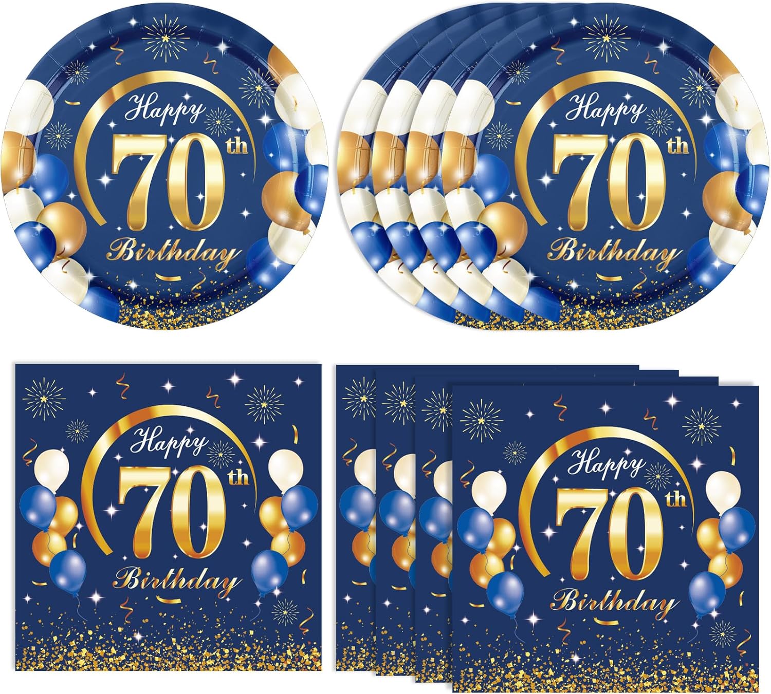 40 unidades, 40 unidades, decoraciones de cumpleaños n. 70 para hombres, azul marino y dorado, incluye platos, servilletas para decoración de fiesta