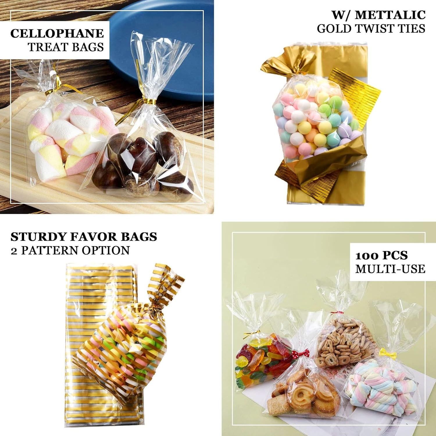 Efavormart – 100 bolsas de celofán transparente de 6 x 10 pulgadas con lazos metálicos dorados, bolsas de dulces para dulces, panadería, galletas,