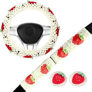 Juego de fundas de ganchillo para volante de automóvil, diseño bohemio de 14 a 15 pulgadas, diseño cuadrado de fresa blanca, accesorios de automóvil Juego de fundas de ganchillo para volante de automóvil, diseño bohemio de 14 a 15 pulgadas, diseño cuadrado de fresa blanca, accesorios de automóvil
