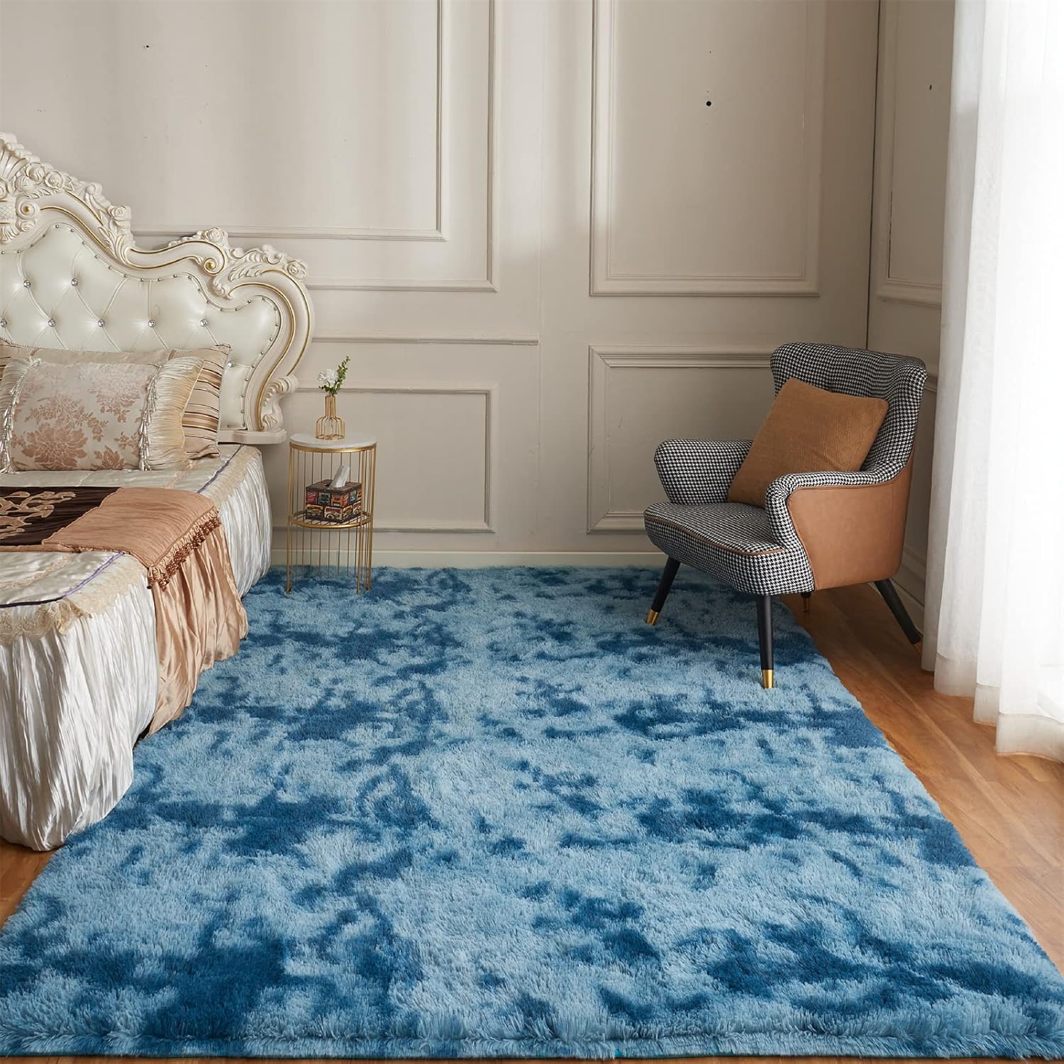 Arbosofe Alfombras de área para sala de estar, dormitorio, 5 x 8 pies, teñido anudado, azul, esponjoso, peludo, alfombra pequeña de felpa suave,