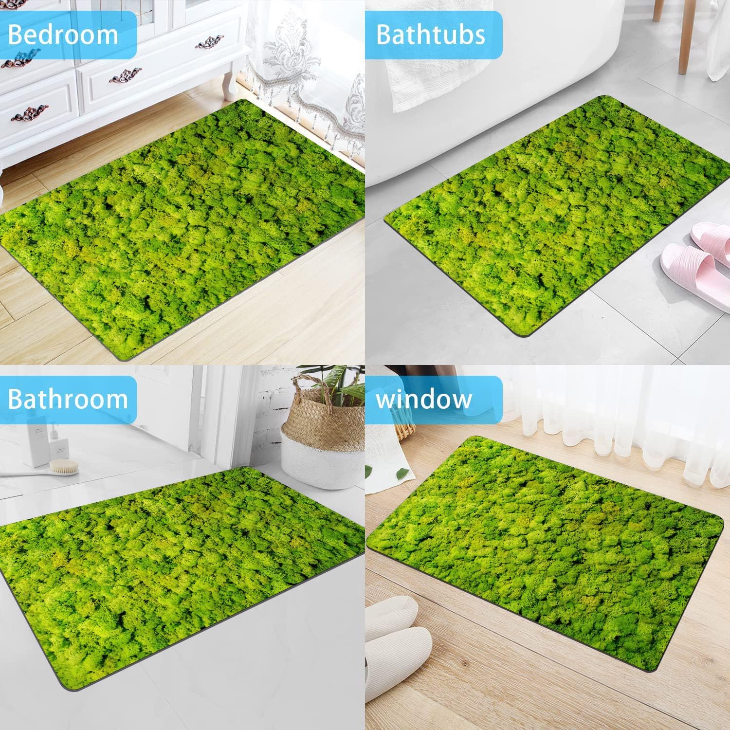 Alfombra de baño de musgo verde para baño, ducha, bañera, impresión 3D, decoración de granja, pequeña, delgada, antideslizante, lavable, 16 x 24