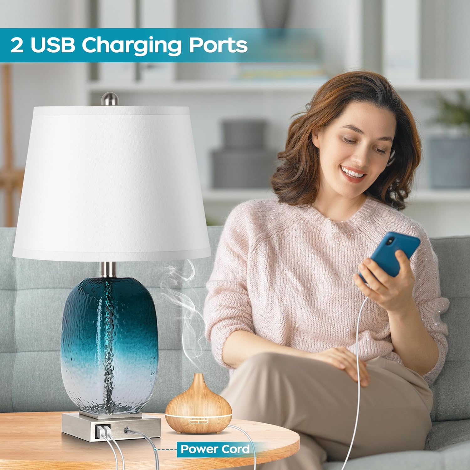 Juego de 2 lámparas de mesa con control táctil, moderna lámpara de noche de cristal verde azulado costero con 2 puertos USB, lámparas de mesa de
