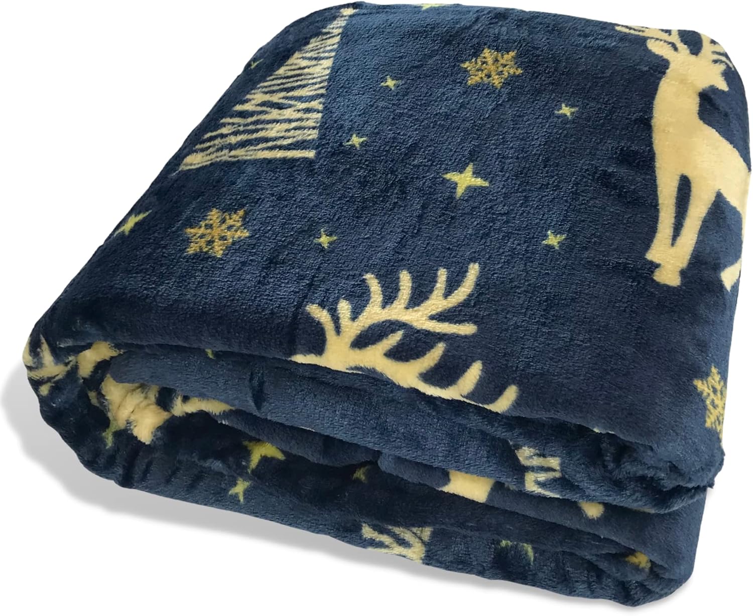 Manta decorativa de invierno suave y cómoda felpa de terciopelo azul marino con ciervos y árboles del bosque dorados, acento para sofá, cama, silla,