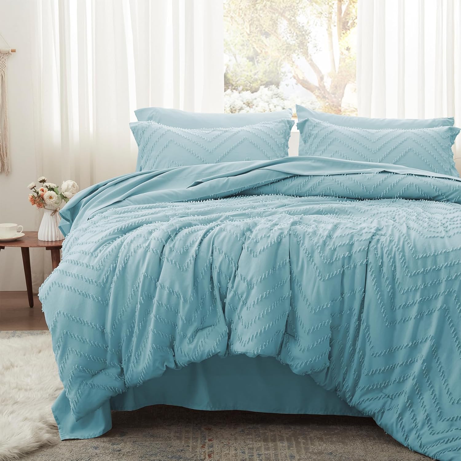 Anluoer – Juego de edredón tamaño Queen, color celeste, con relieve, 7 piezas, para todas las estaciones, incluye 1 edredón, 2 fundas de almohada, 2