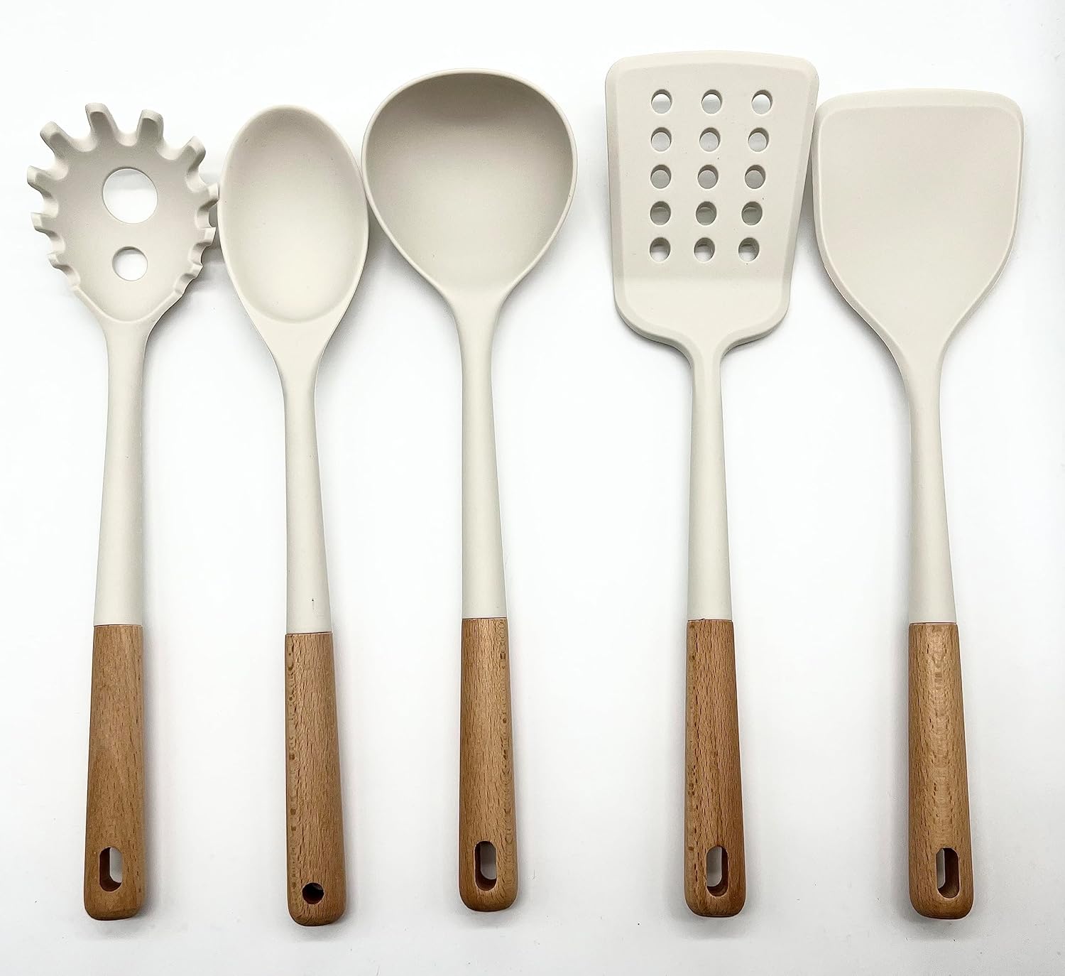 Juego de utensilios de cocina de silicona sin BPA  Utensilios de cocina de silicona resistentes al calor con asas de madera de haya, juego de