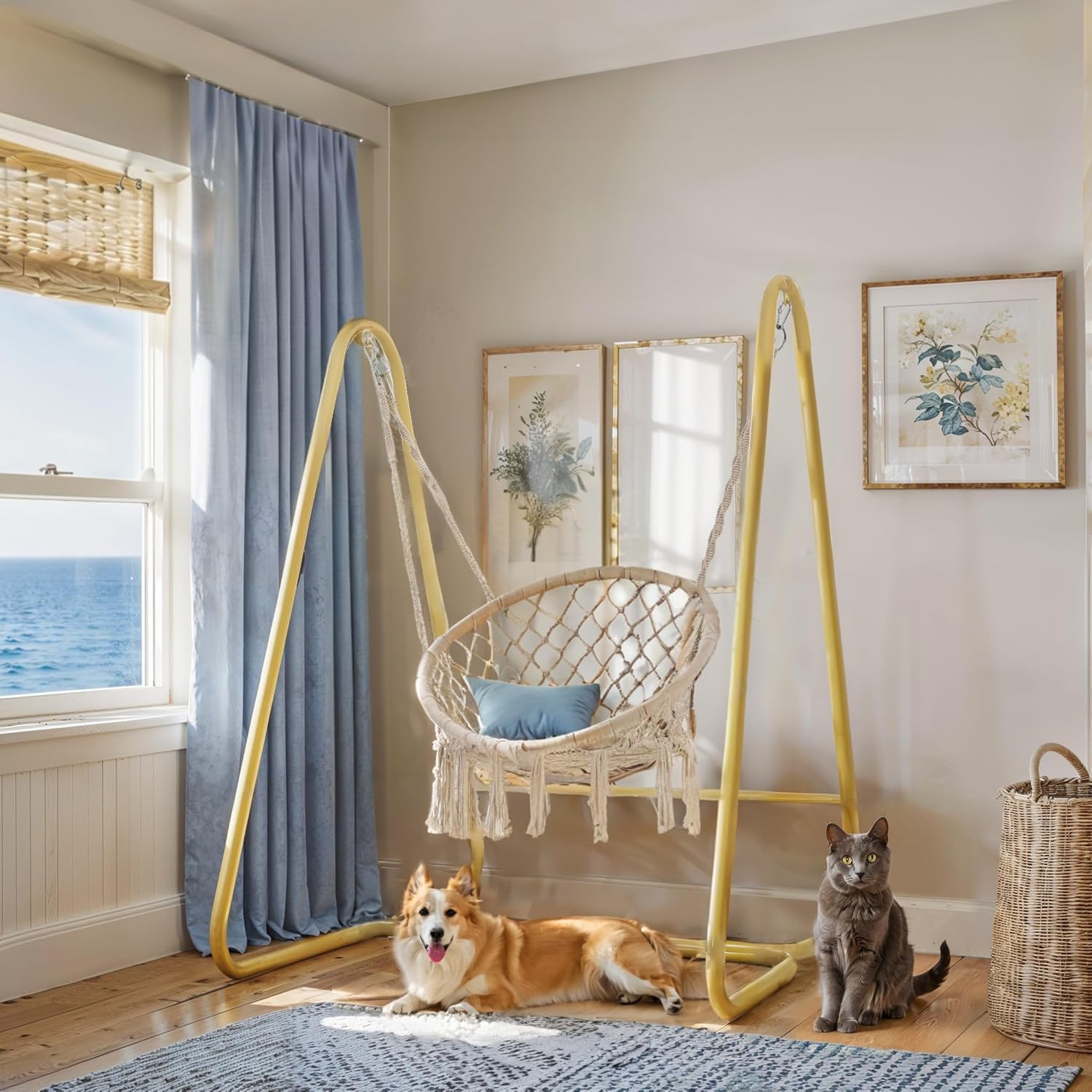 Merax Silla columpio hamaca con soporte, silla colgante resistente con borlas para dormitorio, interior, color beige