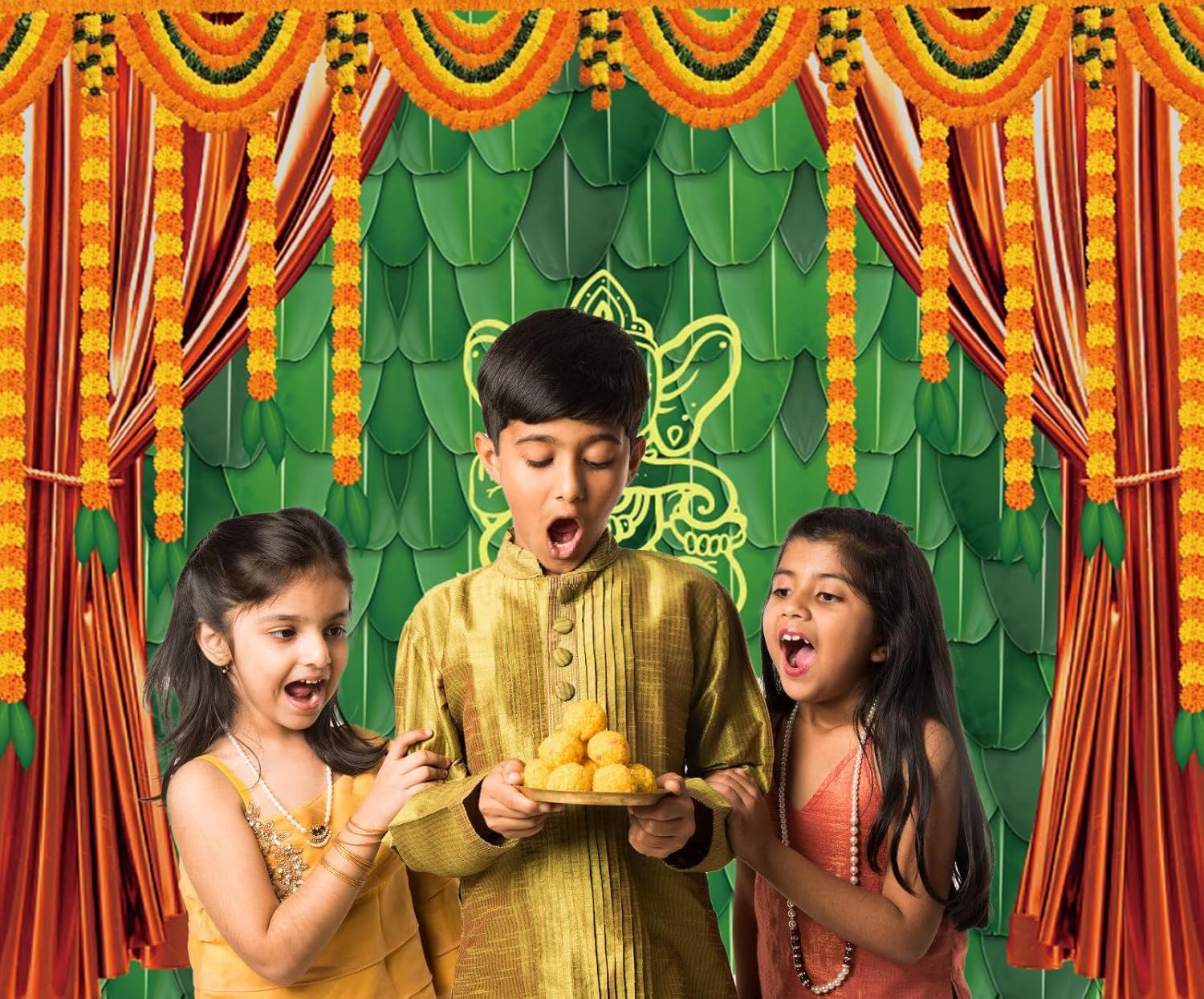 Decoración de fondo indio Pooja para fotografía, 10 x 8 pies, tradicional, indio, festival de Puja Ganpati Mehndi, fondo de fotos de plátano, hojas