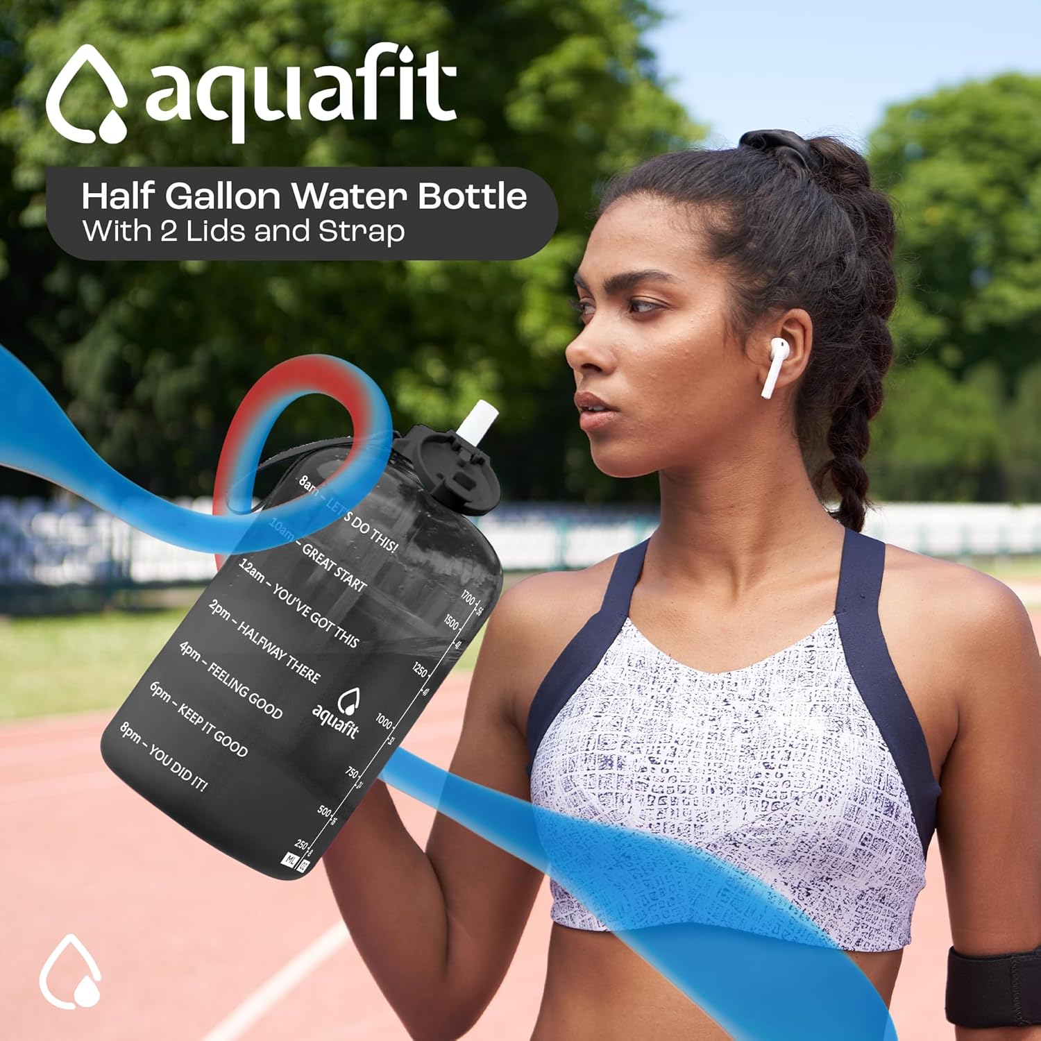 AQUAFIT Botella de agua de medio galón con popote, botella de agua de medio galón con marcador de tiempo y asa, jarra de agua de galón sin BPA,