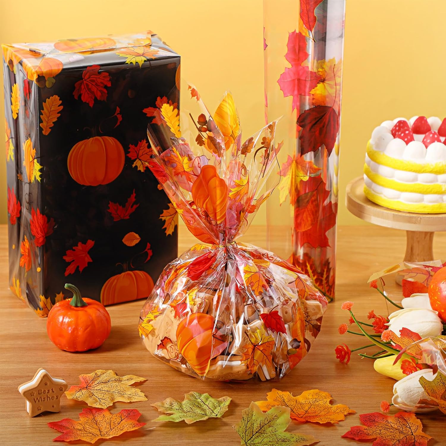 Papel de regalo de celofán de otoño, 100 x 16 pulgadas, 2.5 mil de grosor, rollo de envoltura de celofán transparente con temática de otoño,
