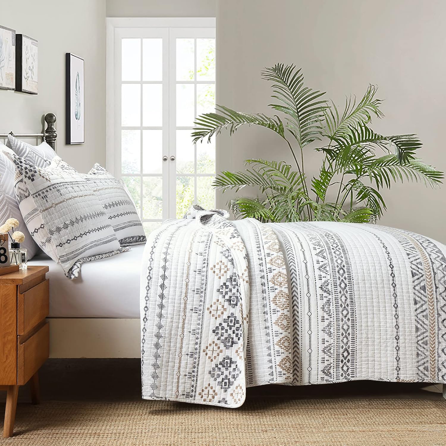 DUOHONG Juego de colcha de tamaño King  Juego de colcha de 100% algodón bohemio para cama King, 3 piezas de edredón bohemio reversible a rayas