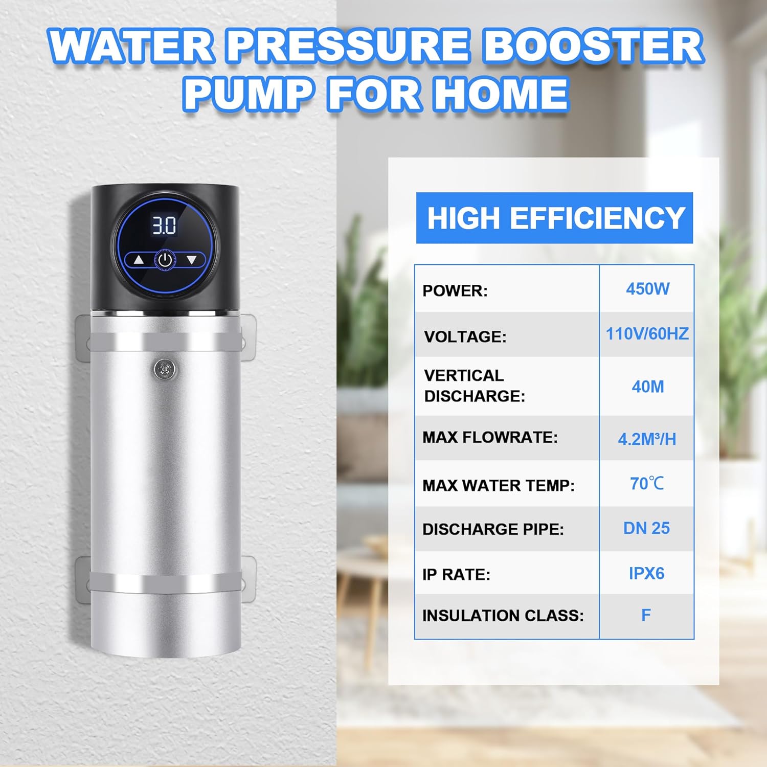 Bomba de presión de agua para el hogar, 450 W para el hogar, elevador de presión de agua en el hogar hasta 131 pies131.2 ft, bomba automática