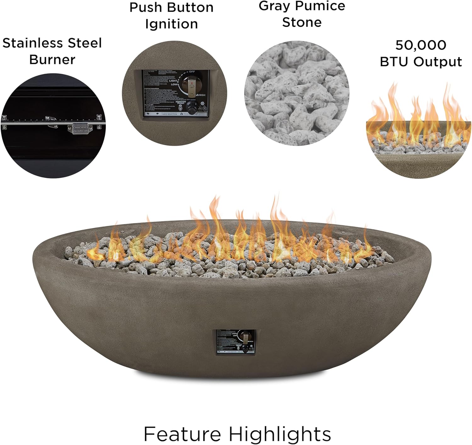 Real Flame Riverside – Cuenco ovalado de propano de 58 pulgadas, encendido con botón de encendido, incluye quemador de acero inoxidable de 28