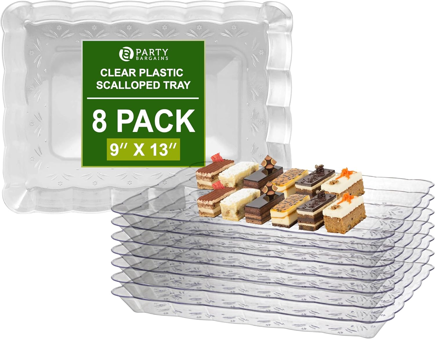 Party Bargains Bandeja de plástico para servir, 9 x 13 pulgadas, paquete de 8 platos transparentes festoneados, bandeja rectangular desechable para