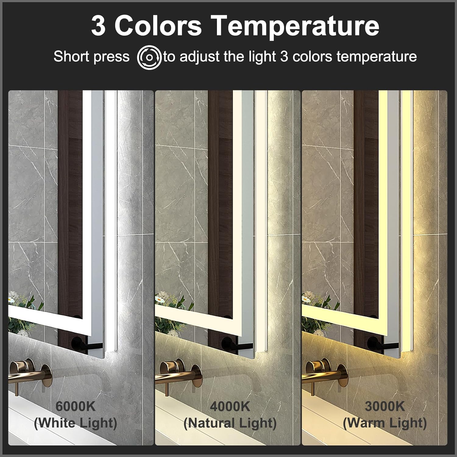 Twalsu Espejo LED de 36 x 28 pulgadas para baño con tiras LED dobles, espejos iluminados delanteros y retroiluminados para pared de baño, 3 colores