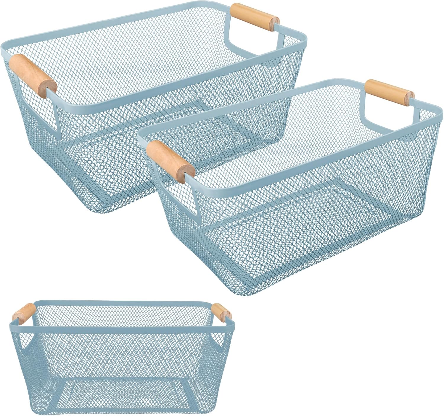 Paquete de 2 cestas de acero de malla metálica con mango de bambú, cesta de metal de alambre para organización de cocina, contenedor organizador de