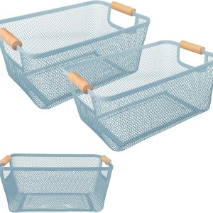 Paquete de 2 cestas de acero de malla metálica con mango de bambú, cesta de metal de alambre para organización de cocina, contenedor organizador de Paquete de 2 cestas de acero de malla metálica con mango de bambú, cesta de metal de alambre para organización de cocina, contenedor organizador de