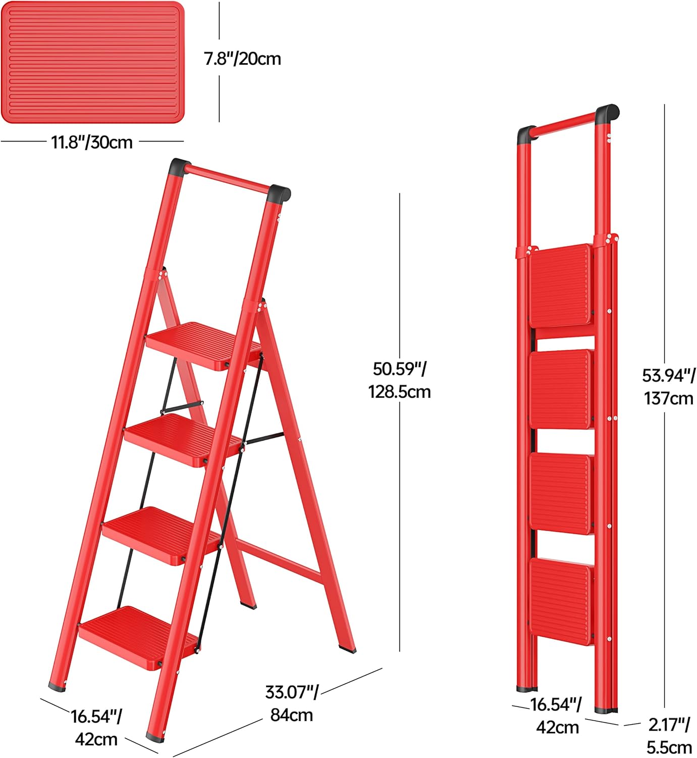 JOISCOPE Escalera de 4 escalones, taburetes plegables para adultos con pedal antideslizante ancho, escalera de acero ligera y resistente de 600