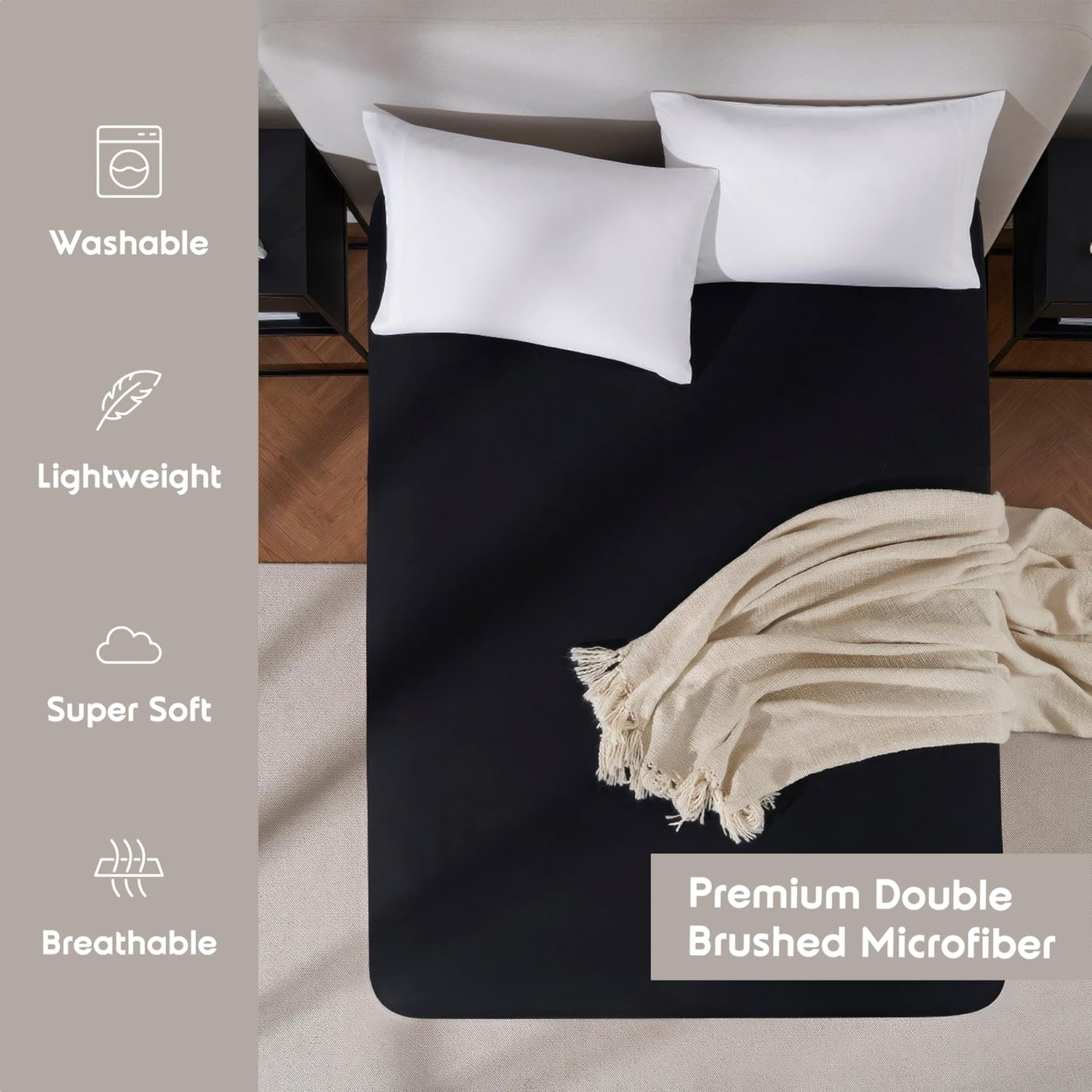 Nestl Bedding – Sábanas bajeras con bolsillo profundo de 53 cm, Microfibra, Negro, gemelo