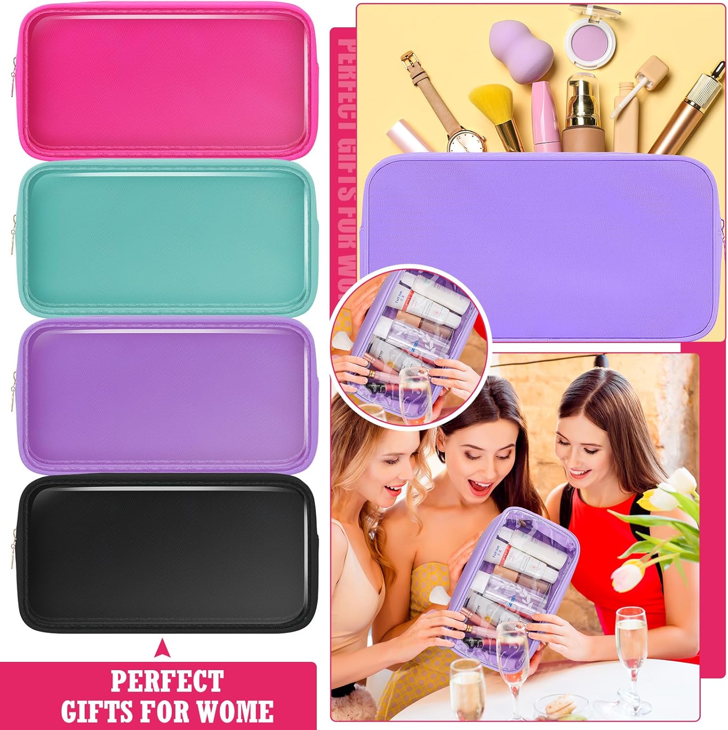 4 bolsas de maquillaje transparentes para bolso, bolsa de maquillaje de nailon y PVC, bolsa de viaje para cosméticos, bolsa de aseo con cremallera,