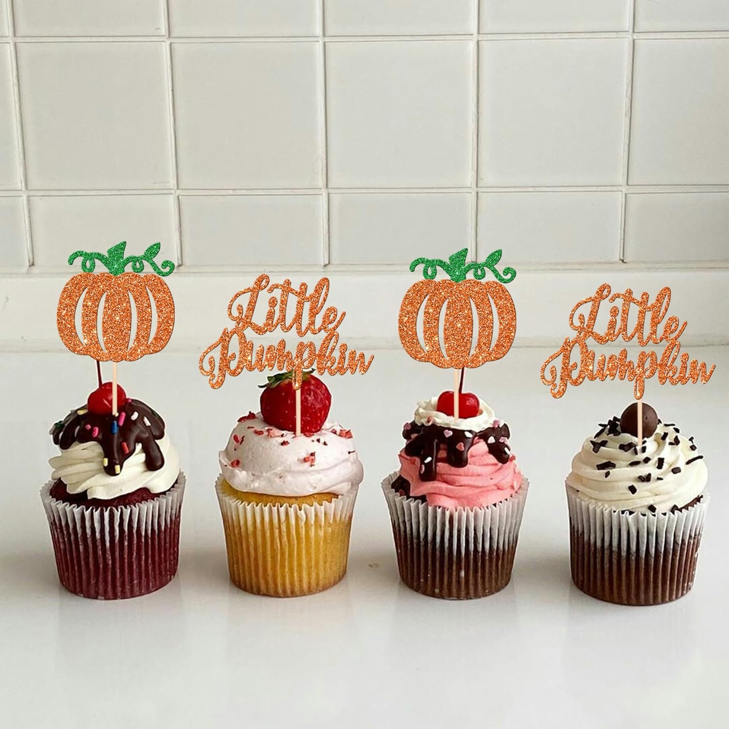 24 adornos para cupcakes de calabaza con purpurina para baby shower, temática de otoño, decoración de cupcakes de calabaza para cosecha de Acción de