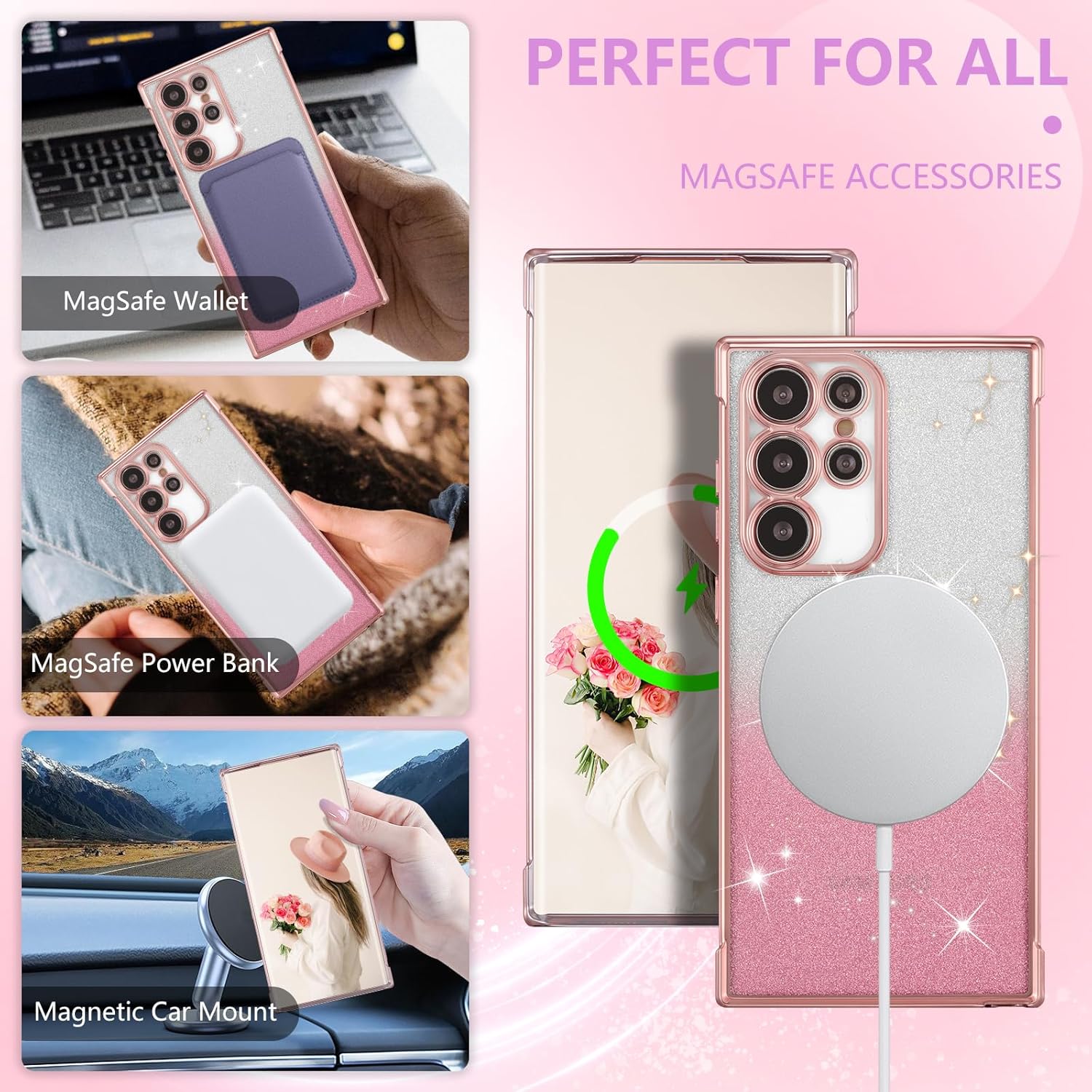 ZTOFERA Funda magnética para Samsung Galaxy S22 Ultra 5G con purpurina degradada, compatible con MagSafe, funda protectora de poliuretano