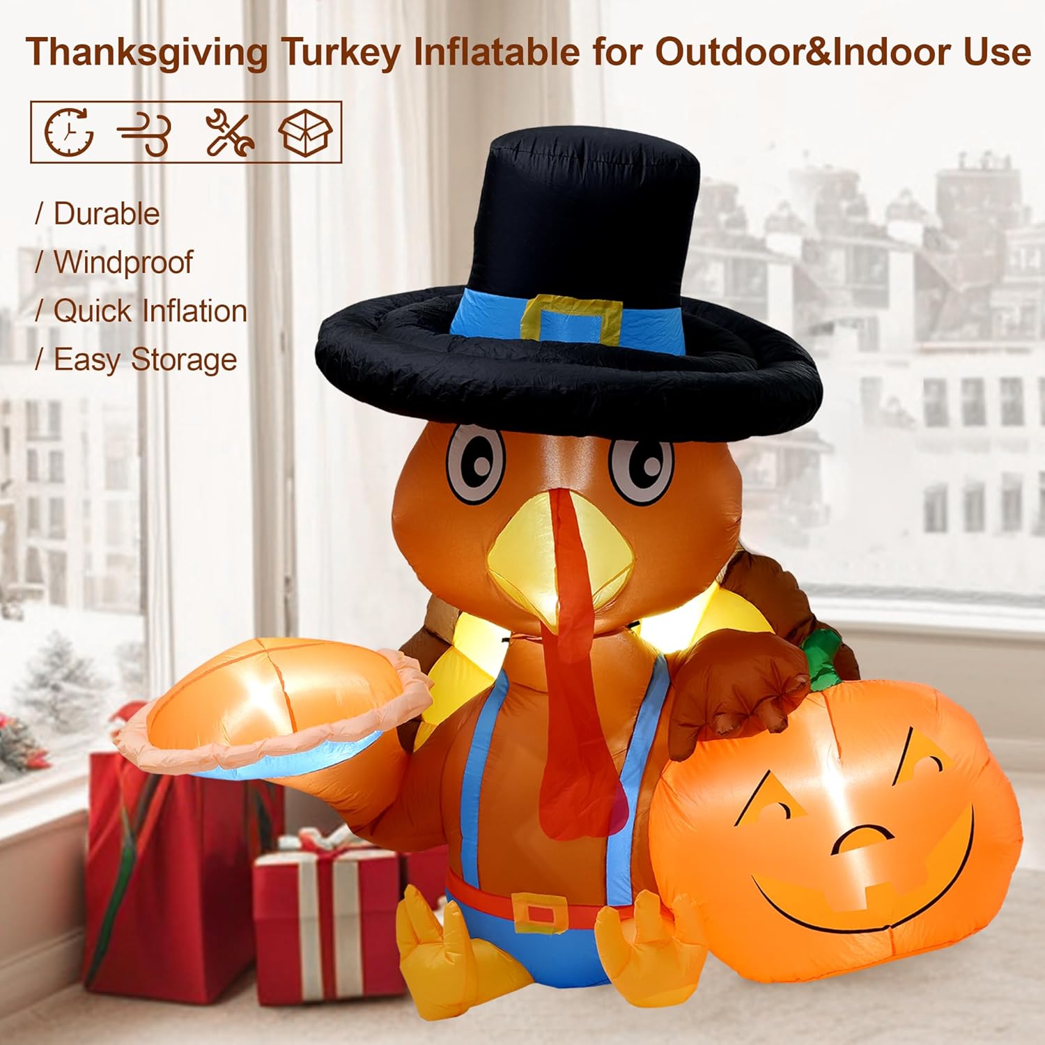 HEISOK Decoraciones inflables de pavo de Acción de Gracias, pavo inflable de 6 pies con calabaza, luces LED integradas, pavo inflable para