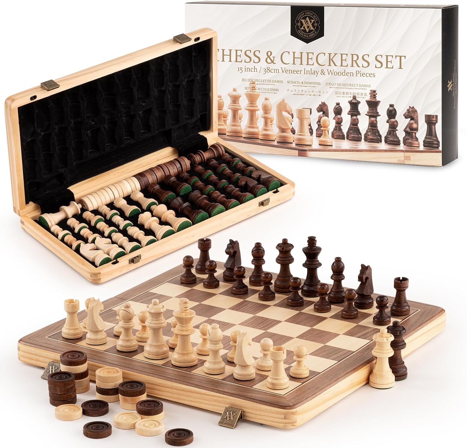 A&A Juego de ajedrez y damas plegables de madera de 15 pulgadas con piezas de ajedrez Staunton de altura King de 3 pulgadas, 2 reinas adicionales,