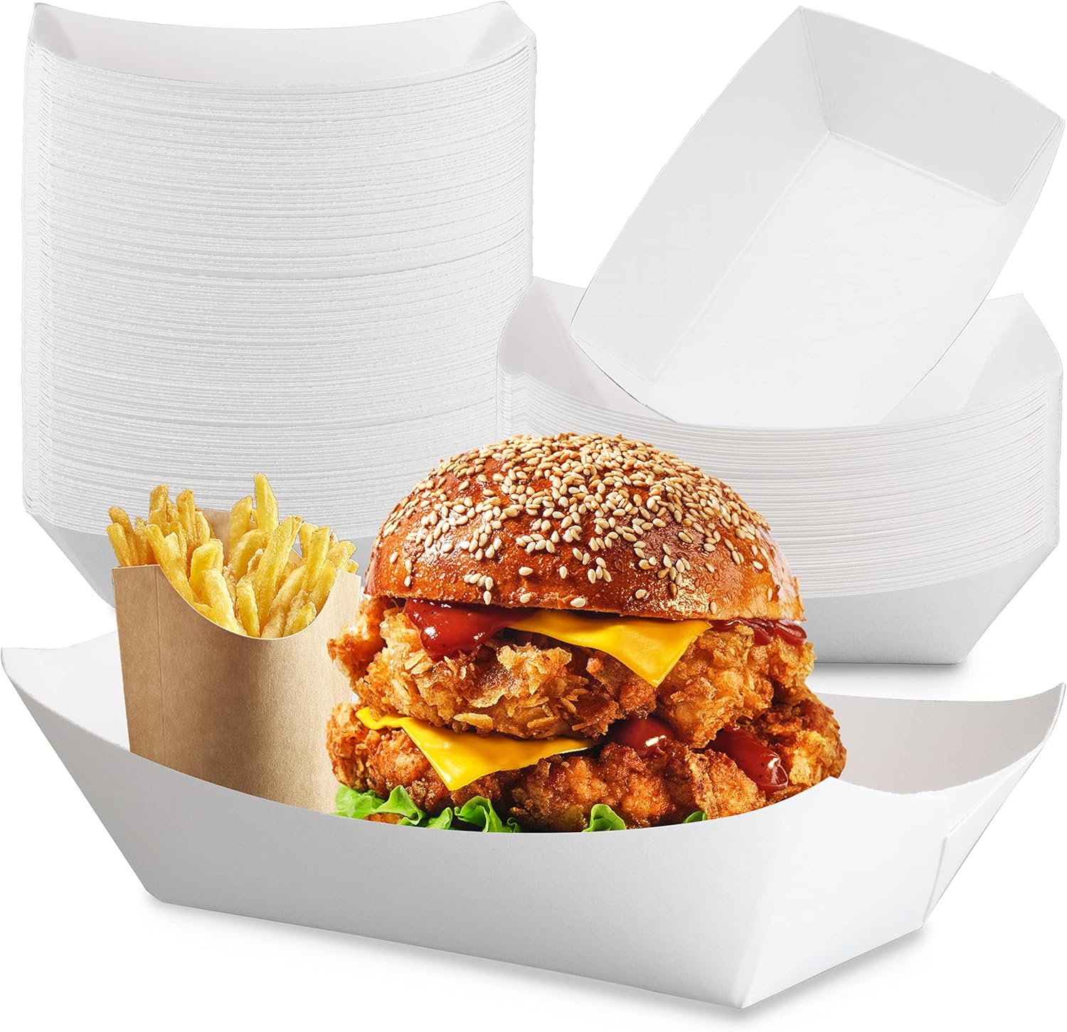 Fit Meal Prep Paquete de 125 Bandejas de papel de 5 libras para alimentos desechables de alta resistencia, bandeja de nachos blancos para fiestas,