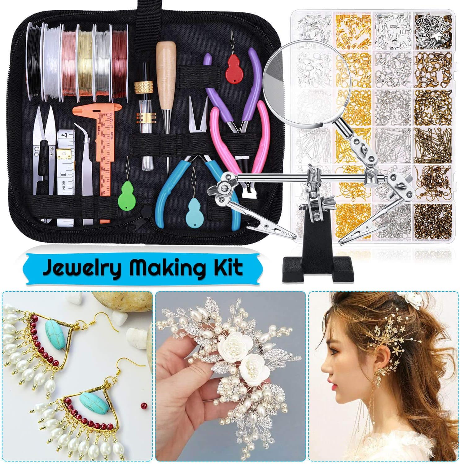 shynek Suministros para hacer joyas, kit de joyería de 1597 piezas con alicates de joyería, herramientas, alambre de joyería y accesorios de joyería