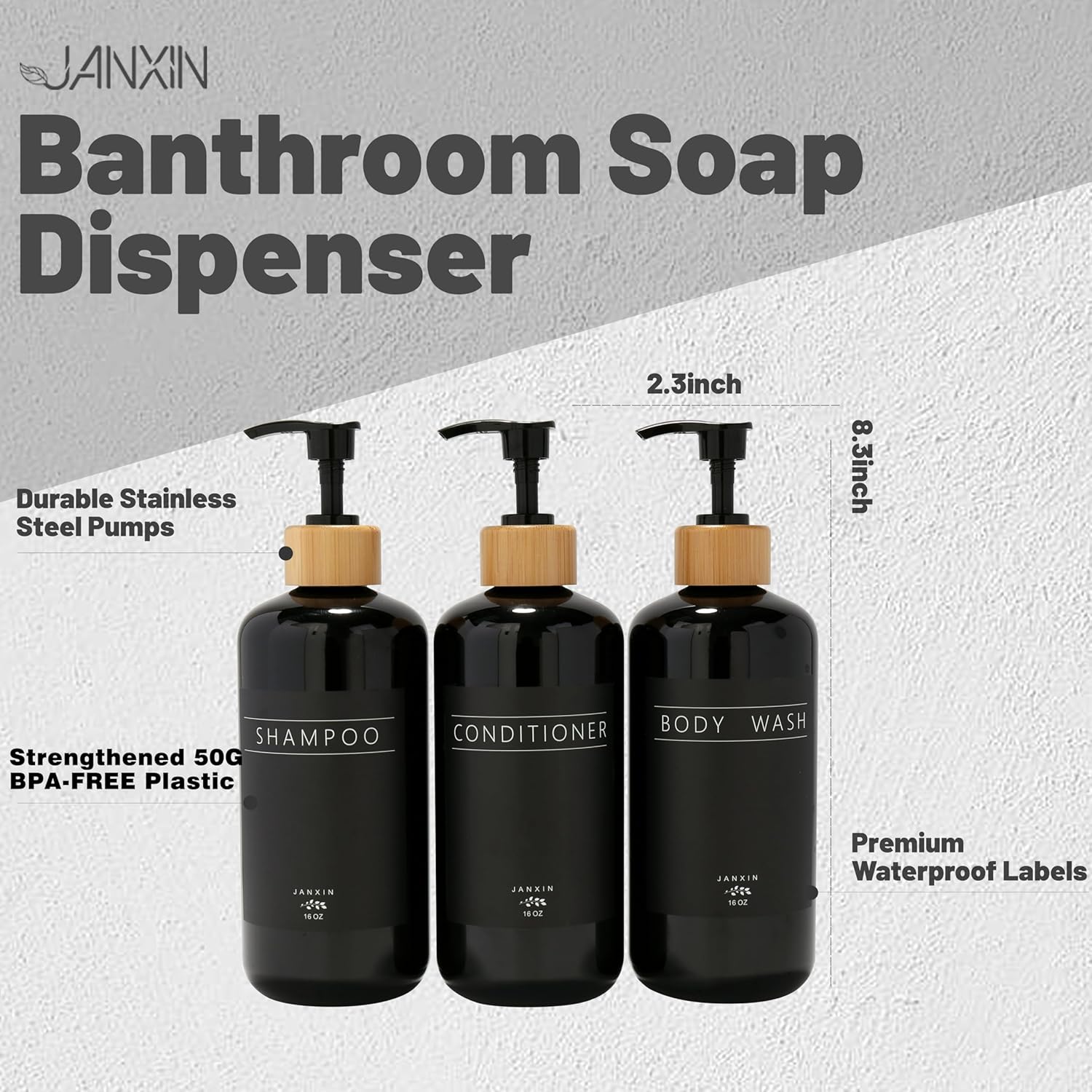 Juego de 3 dispensadores de champú y acondicionador, moderno y recargable de 16 onzas, botellas de champú y acondicionador con bomba, elegante