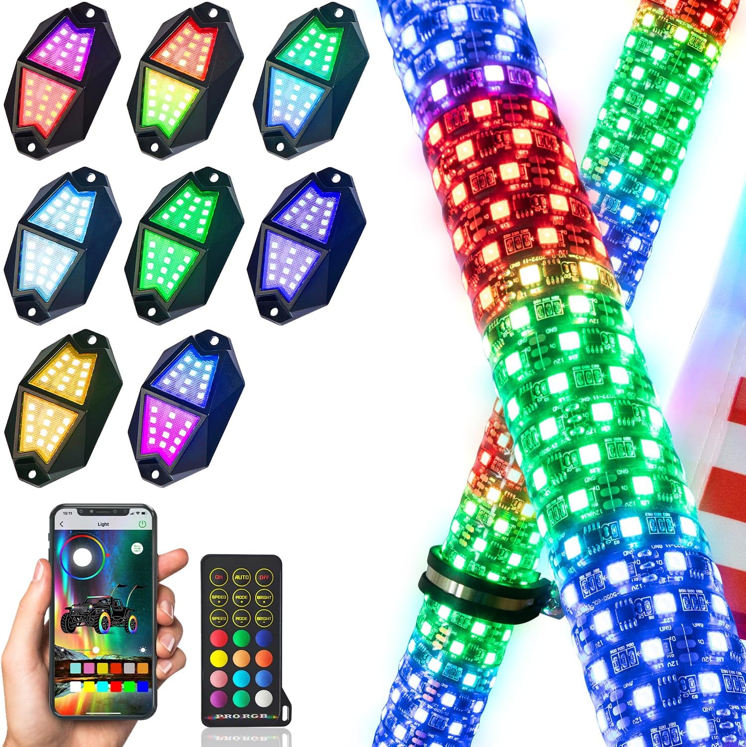 Kit de 2 luces de látigo gordo de 2 pies y 8 cápsulas RGB de luces de roca con Bluetooth y control remoto en espiral de 360  con antena iluminada LED