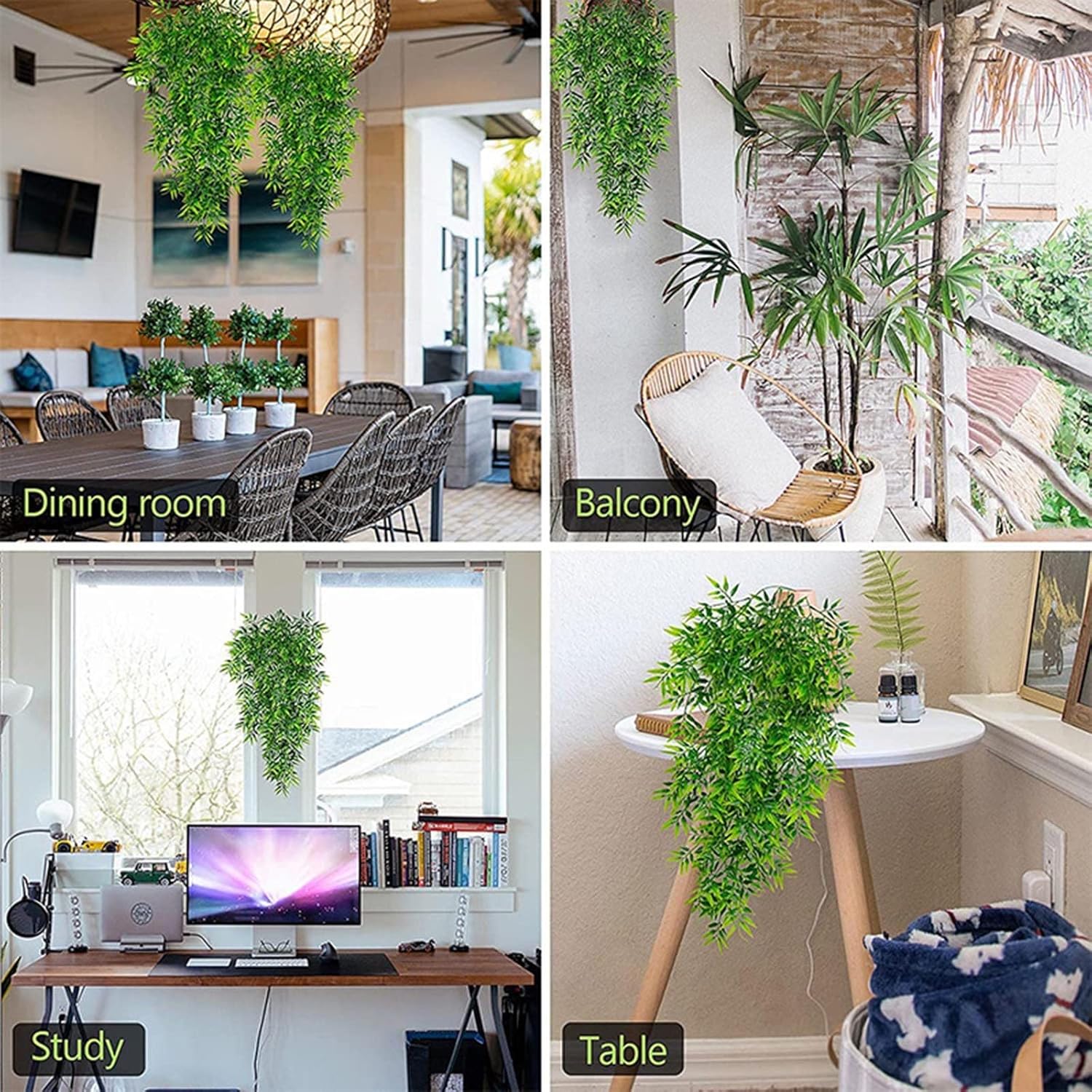 4 plantas artificiales colgantes de hiedra, helechos falsos, hojas de vid sintética, ratán para pared, interiores, cestas colgantes de boda, fiesta,
