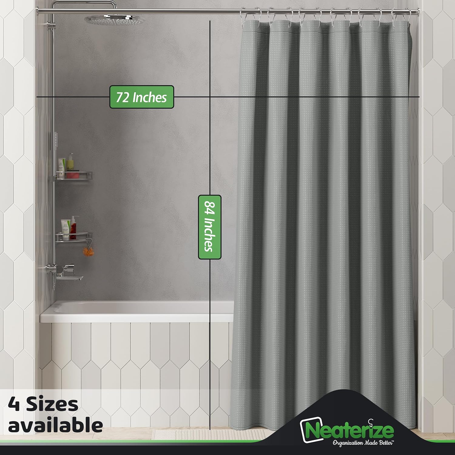 NEATERIZE Cortina de ducha gris  Cortinas de baño estilo hotel gris con diseño de gofre, 72 x 84 pulgadas  Cortina de ducha de tela  Cortinas de
