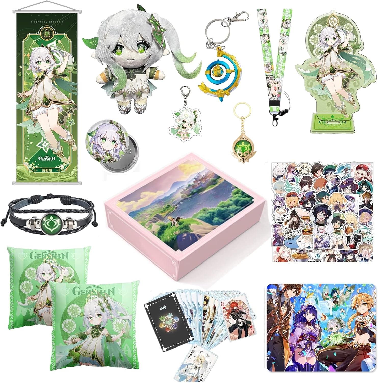 Genshin Impact – Caja de regalo para fanáticos  Muñeco de peluche, llavero, calcomanías, póster, alfombrilla de ratón, funda de almohada, pulsera,