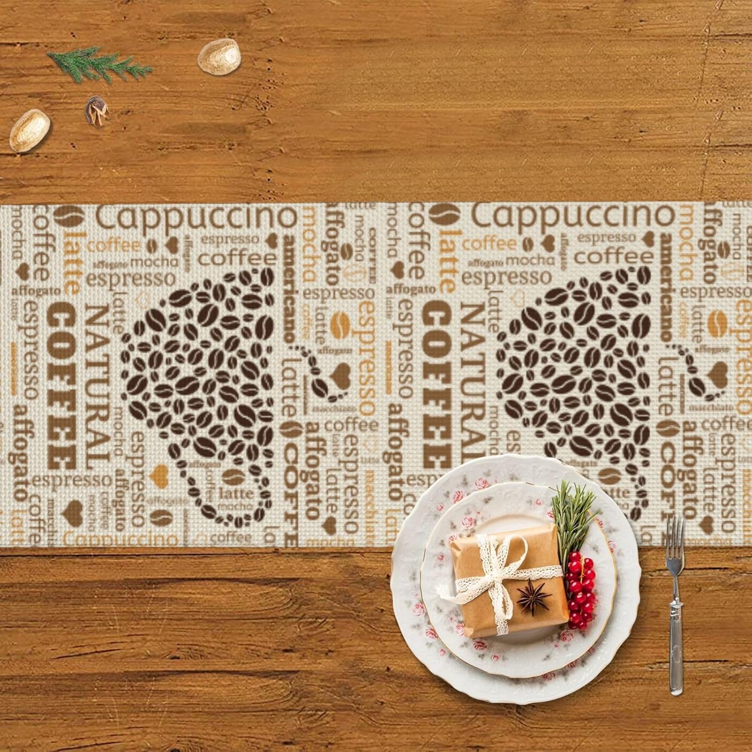 Tazas de café hechas de granos de café, camino de mesa de Navidad, decoración de mesa de comedor, decoración de Navidad, decoración de interiores