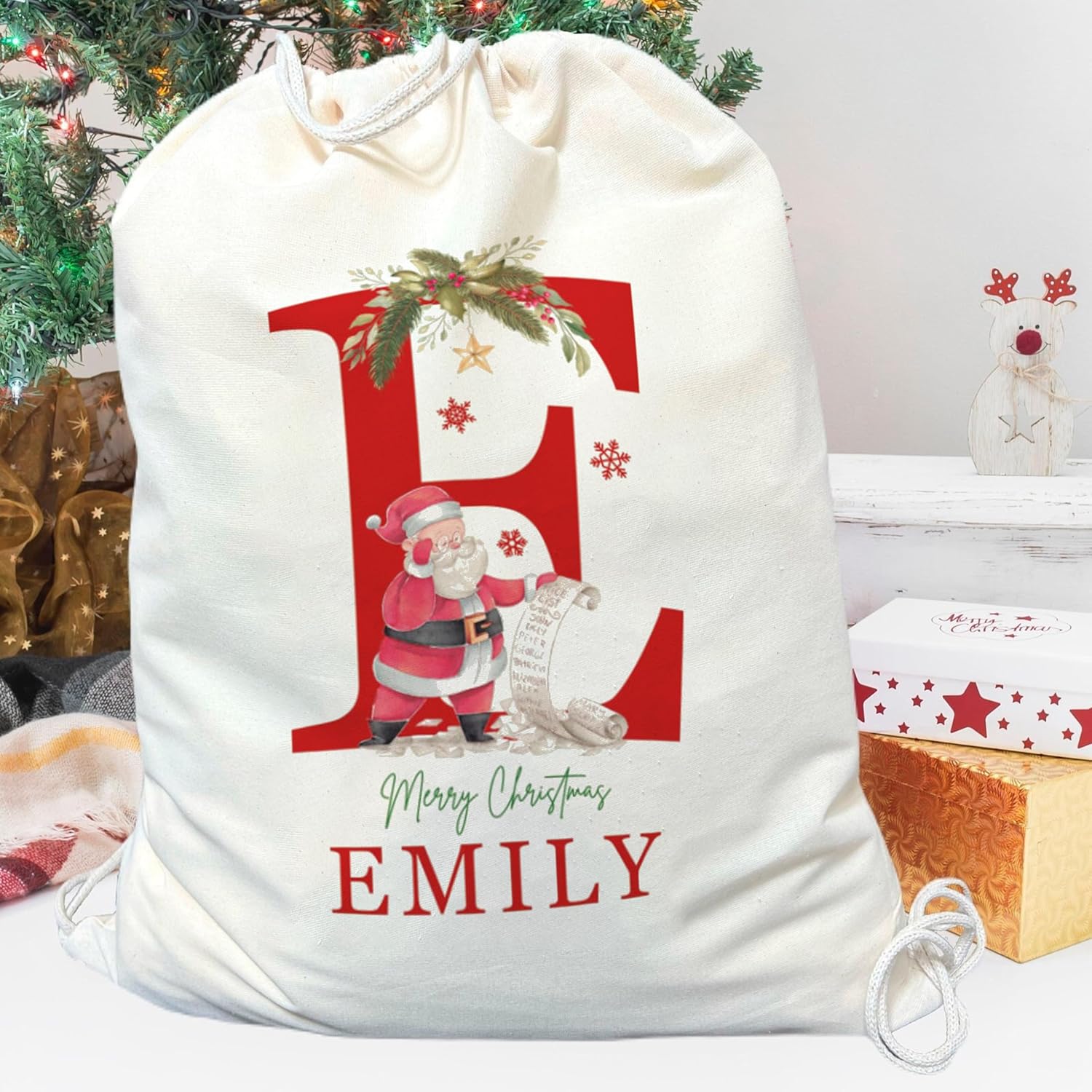 Saco de Papá Noel personalizado con inicial y nombre para niños, bolsas de regalo de Navidad personalizadas para regalos de vacaciones, caja de