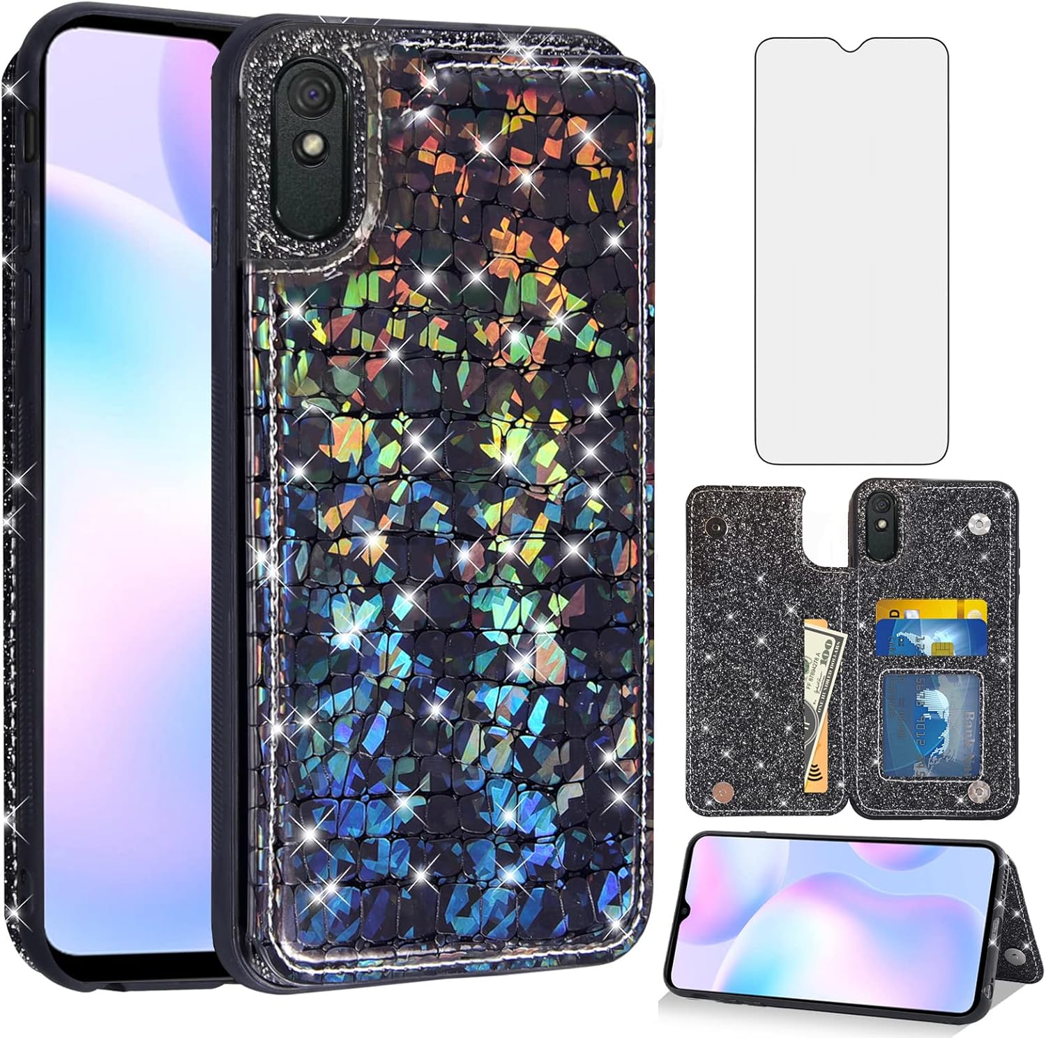 Asuwish Funda de teléfono para Xiaomi Redmi 9A Redme 9i Funda tipo cartera con protector de pantalla y soporte para tarjetas de crédito, accesorios
