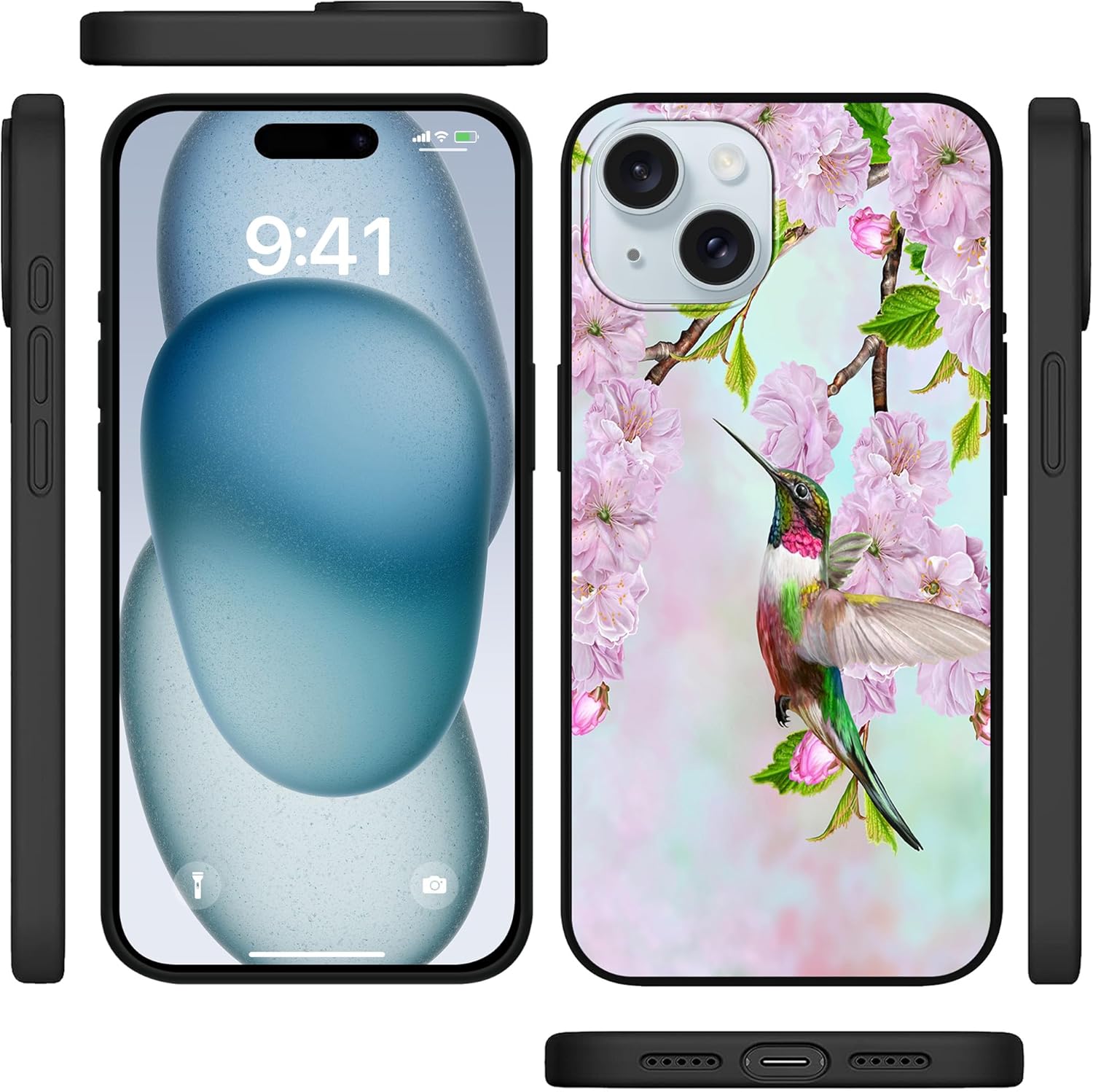 MSEAANBK Funda de colibrí para iPhone 15 de 6.1 pulgadas, diseño de flores de cerezo para iPhone 15, para mujeres, niñas y hombres, TPU suave, a