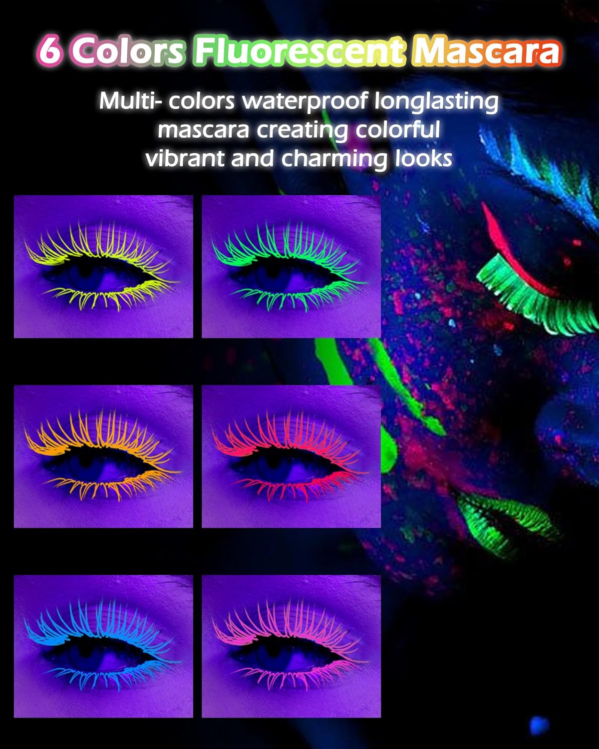 Máscara de pestañas de color con brillo UV, volumen y longitud, 1 máscara de pestañas rosa impermeable para pestañas, máscara de secado rápido sin