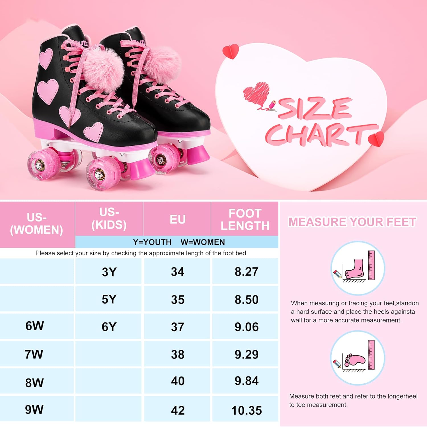 Ruthfot Patines clásicos para mujeres y niñas con ruedas iluminadas y patrón de corazón de amor, patines de piel sintética de alta calidad