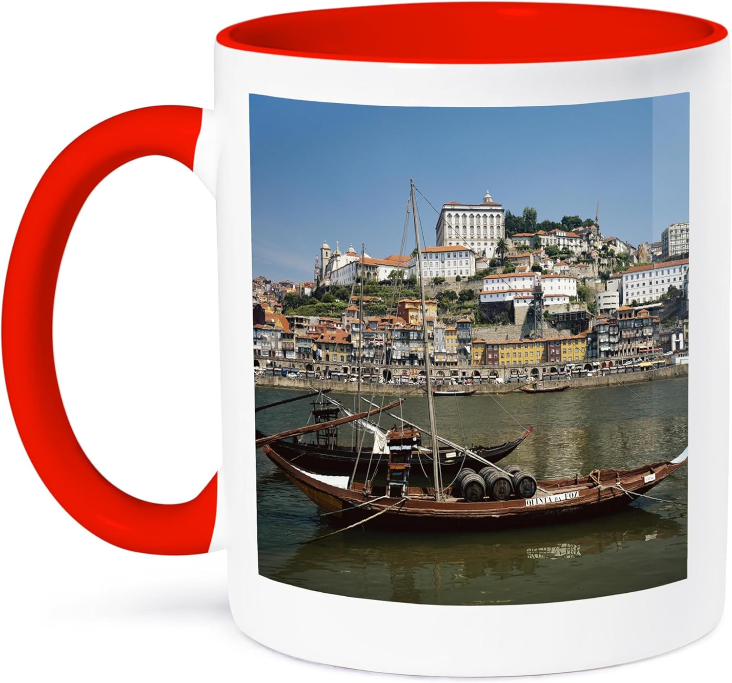 3dRose Portugal Porto Boat with Wine Barrels On The Douro River – Taza de dos tonos, 11 onzas, color rojo