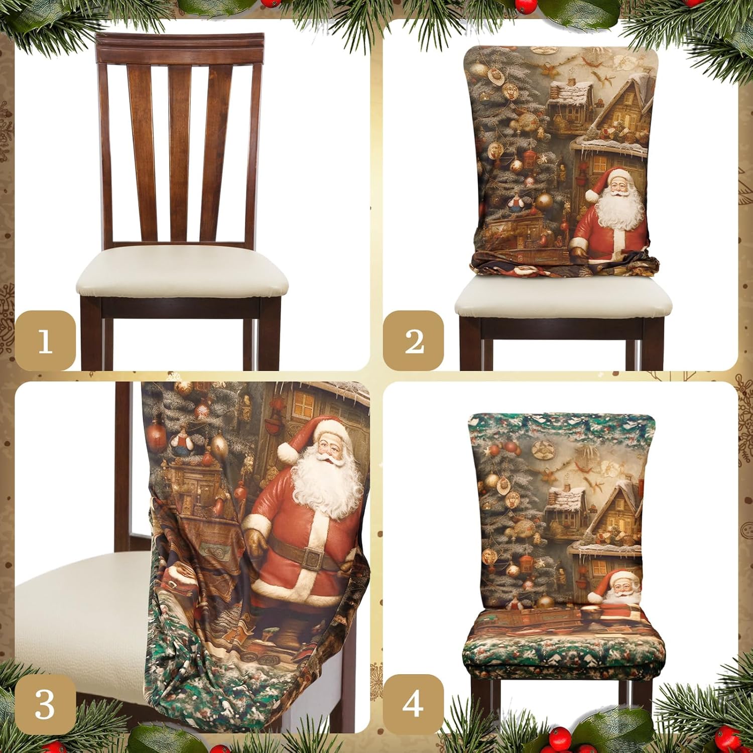 Preboun Juego de 6 fundas para sillas de Navidad, protectores de comedor de Navidad, diseño de Papá Noel, fundas extraíbles y lavables para comedor,