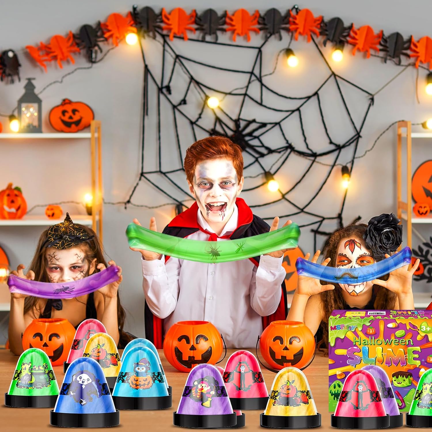 MGparty Recuerdos de fiesta de Halloween para niños, paquete de 12 unidades de slime con insectos de plástico, juguetes de limo para aliviar el