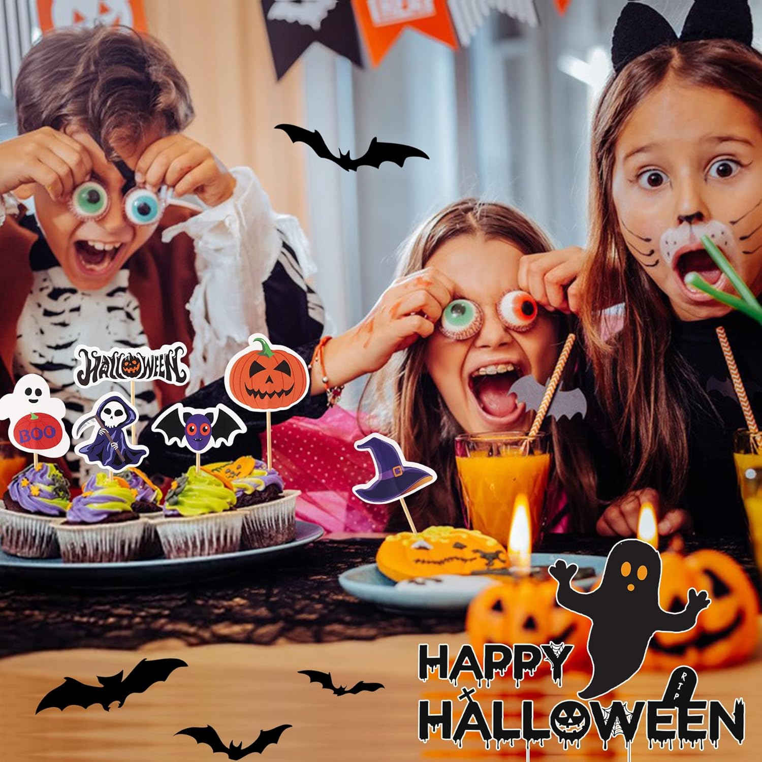 SANNIX 72 piezas de decoración de cupcakes de Halloween, palillos de dientes de Halloween, palillos de dientes, calabaza, murciélago, fantasma,